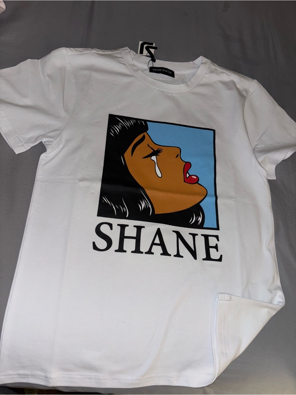SHAN White Tee with Pop Art Crying Woman Graphic